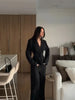 Women's Black Ruched Lace-up Blazer Co Ord Set Notched Collar Long Sleeve Cinch Waist Wide Leg Pants Casual Matching Suit