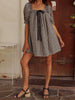 Women Gingham Plaid Mini Dress y2k Babydoll Short Dress Puff Sleeve Square Neck Cute Silky Bow Tied Loose Dresses