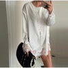 Women's Satin Short Dress Patchwork Lace Trim Crew Neck Long Sleeve Loose Dresses Spring Lady Casual Daily Chic Streetwear