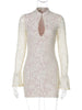 Lace Hollow Out Long Sleeve Sexy Mini Dress For Women Half High Collar Bodycon Club Party Dress Elegant Dresses