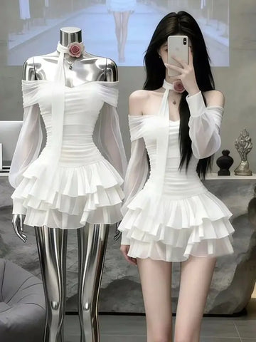 Princess Style Long Sleeve White Off Shoulder Puffy Skirt Dress Women's Spring Cake Skirt Ball Gown Breathable Skin-Friendly