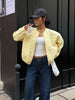 Women Yellow Jacquard Bomber Jacket Round Neck Zipper Long Sleeve Loose Cropped Coat Lady High Street Daily Outerwear