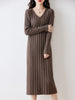 Women Pure Wool Sweater Dresses Long Sleeve Purllover 100% Merino Wool V-neck Knitwear Spring Autumn Grace Striped Dresses