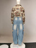 Washed Denim Women's Set Full Sleeve Floral Jacket and Pockets Cargo Jeans Pants Suit Street Two 2 Piece Set Outfit