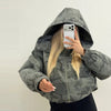 Women's Cropped Coats Camo Printed Hooded Zipper Padded Jacket Autumn Winter Lady Long Sleeve Panelled Loose Coat Outerwears