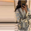 Jacquard Fringe Belted Wrap Knit Cardigan Lapel All Over Pattern Raw Fringe Autumn Winter Commute Lady Women Casual Coat