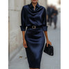 Elegant Temperament Satin Shirt Dress for Women Spring Solid Long-sleeved Blouse Dress Casual Office Lady Midi Dresses