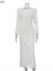 Elegant White O-Neck Womens Dresses Wrist Sleeve Single Breasted Dresses Casual High Waisted Ankle-Length Dress