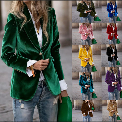 Upgraded Women Velvet Blazer Suit Single Button Lapel Female Elegant Blazers Jacket Overcoat With Lining and Pockets