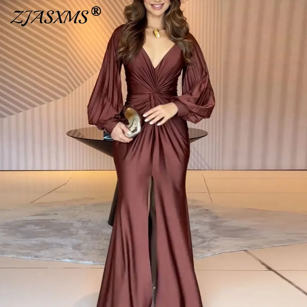 Elegant Long Sleeve Solid Dresses Women V Neck Pleated Waist Twist Detail High Split Maxi Dress Evening Prom Wedding Guest Dress