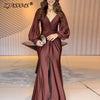 Elegant Long Sleeve Solid Dresses Women V Neck Pleated Waist Twist Detail High Split Maxi Dress Evening Prom Wedding Guest Dress