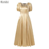 Elegant Chic Women Satin Wedding Guest Party Long Dresses Square Neck Short Puff Sleeve Fitted Waist A-Line Dress S-3XL