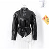 Women Leather Bomber Jackets Coats With Belt Notched Shoulder Pads Motorcycle Street Chic Short Outwear Solid Lace Up