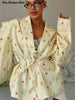 Chic Oversize Floral Printed Women Jacket Padded Lapel Lace Up Loose Coat Long Sleeve High Waist Outwears Lady Streetwear