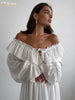 Sexy Loose White Women's Dress V-Neck Long Sleeve Ankle Length Dresses Elegant Classic Pleated Female Dress