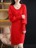 Autumn Winter 100% Mink Cashmere Knit Long Skirt Women Scoop Neck Knee-length Dress Casual Warm Jumper Cashmere Base Shirt Top