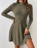 Women's Slim Fit Half High Collar Waist Cinched A-Line Skirt Long Sleeved Pit Stripe Dress