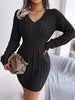 V Neck Casual Short Knit Dress Autumn Winter Women Solid Long Sleeve Dress Lady Khaki Bodycon Knitted Dresses
