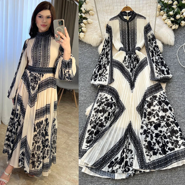American European Style Women's Casual Elegant Pleated Dress Long Sleeve Printed Ankle Length Dress