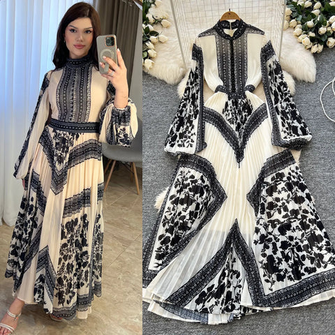 American European Style Women's Casual Elegant Pleated Dress Long Sleeve Printed Ankle Length Dress