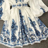 Autumn Women's V-neck Long Sleeved Bohemian Printed Dress Retro Lantern Sleeve Chinese Style Blue White Porcelain Dress