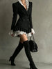 Women Black Double Breasted Blazer Dress Lace Ruffle Collar Cuffs Hem Peplum Slim Coat For Cocktail Party Elegant Evening Wear
