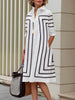 Urban Women Lapel Shirts Dress Office Ladies Long Sleeves Striped Printed Buttoned H-line Midi Dresses