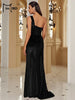 Wine Sequin Evening Dress Elegant Women One Shoulder Draped Split Wedding Party Prom Dresses Bridesmaid Wine Long Gown