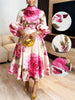 Dashiki African Dresses for Women Flower Printed Stand Collar Elegant Evening Maxi Dress Puff Sleeves Pleated Party A-Line Dress