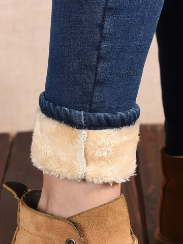 Winter Fleece Lined Denim Pencil Pants Women Thicken Warm Lamb Fluff Jeans High Waist Slim Vaqueros Big Size 34 Kot Pantolon