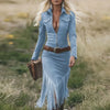 Western Retro Solid Suede Spliced Tassel Dress Woman Sexy Hollow Zipper Lapel Party Dress Autumn Long Sleeve Slim Bodycon Dress