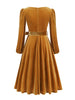 Red Velvet Christmas Elegant Party Women Dress Square Neck Long Bishop Sleeve Autumn Winter Belted Swing Dresses