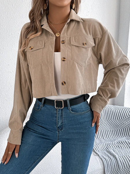 Autumn Winter Crop Jacket Woman Casual Pocket Single Breasted Long Sleeve Lapel Khaki Pink Valentine's Day Corduroy Coats