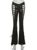 Hipster Leather Flared Pants Women Coquette Shirring Hollow Rivet Stretch Streetwear Chic Y2K Music Festival Bottoms