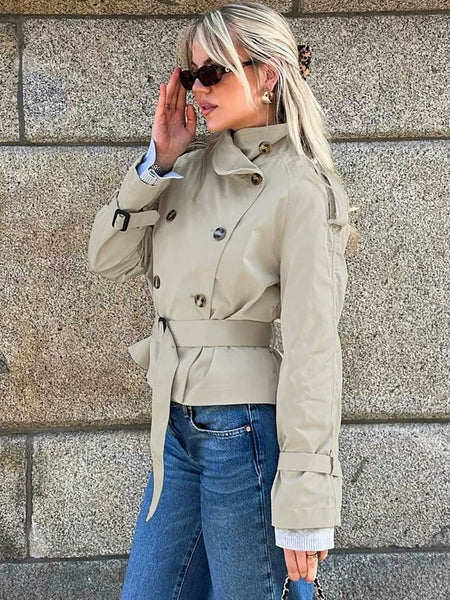 Spring Autumn With Belt Trench Coat Women Stand Collar Double Breasted Jacket Coat Long Sleeve Street Windbreaker Coat