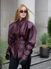 Lady Retro Burgundy Belted Leather Jacket Solid Stand Collar Long-sleeved Cropped Coat Women Daily Street Outerwear