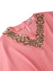 Women Causal Pink Two Piece Set V Neck Appliques Waist Cinching Top Wide Leg Long Pants African Office Party Outfits