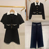 Women's A-Line Short Dress, Wide Leg Pants or Contrasting Collar Long Sleeve Coat Top Black Tweed Gold Buckle Set+Short Robe