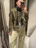 Green Stand Collar Napoleon Cropped Jacket Women Full Sleeve Shoulder Pad Jackets Spring Lady Street Outwear