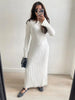 Lace-Up Female Knit Maxi Dress Autumn High Waist Patchwork Long Sleeve Loose Solid Dress Bandage Knitwear Dress