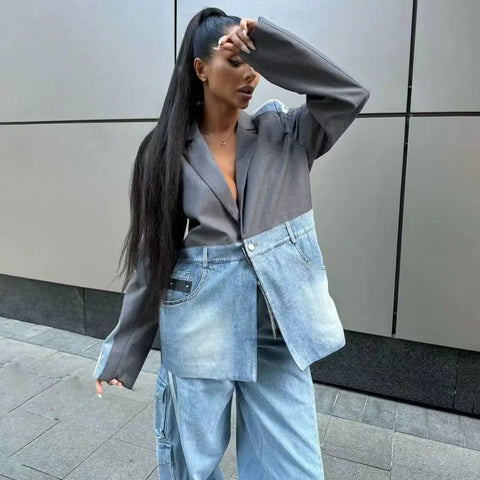 Autumn Korean-style Women's Denim Patchwork Notched Single-button Design Suits High Street Casual Blazers