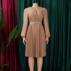 Elegant Dresses Woman V Neck Full Sleeve Pleated Mid Calf Belt Waisted African Female Birthday Party Dress