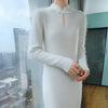 Women' 100%Pure Mink Cashmere Dress Stand-Up Collar Buckle Slim Knit Long Skirt High Waist Over The Knee Bottoming Dress
