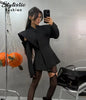 Cold Shoulder Blazer Women Elegant Double Breasted V-neck Long Sleeve Waist-Closed Jackets Spring Streetwear Lady