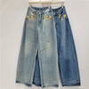 Chic Y2K Style Metal Decoration Washed Blue Women's Stacked Jeans Pants For Woman Clothing Wide Leg Vintage Denim Trouserso