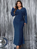 Plus Size V-Neck Long Sleeve Mermaid Hem Dress Women Autumn Evening Party Glitter High Waist Bodycon Long Dress