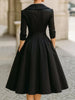 Women's Vintage V Neck Long Sleeve Wrap Waist A Line Midi Dress with Pockets