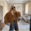 Brown Retro Suede Lapel Zippered Short Jackets Women's Casual Full Sleeves Pocket Loose Coats Spring Daily Commute Outwear