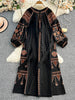 Bohemian Retro Ethnic Style Dress Women's Spring Autumn Embroidered Lace Up Lantern Sleeves Waist Cinching Long Dress A155