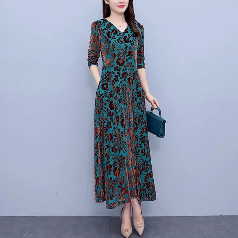 Spring Autumn Style Big Velvet Long Sleeve Dress Women Long Green Flocking Jacquard Dress